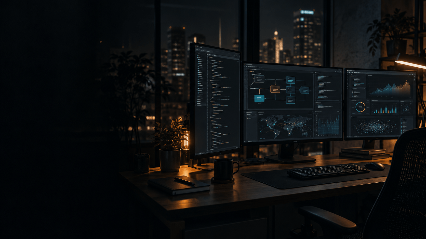 Software engineering workspace with development, systems, and analytics screens